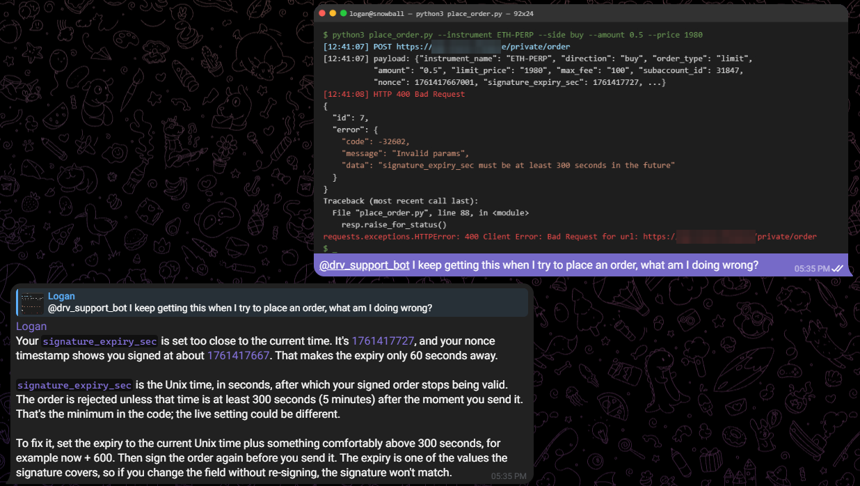 Telegram chat: Logan posts a terminal screenshot of an order error, and the support bot replies that the signature expiry was only 60 seconds after signing and explains the fix.
