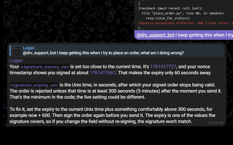 Telegram chat: Logan posts an order error and the support chatbot explains that the signature expiry was set too close to the current time