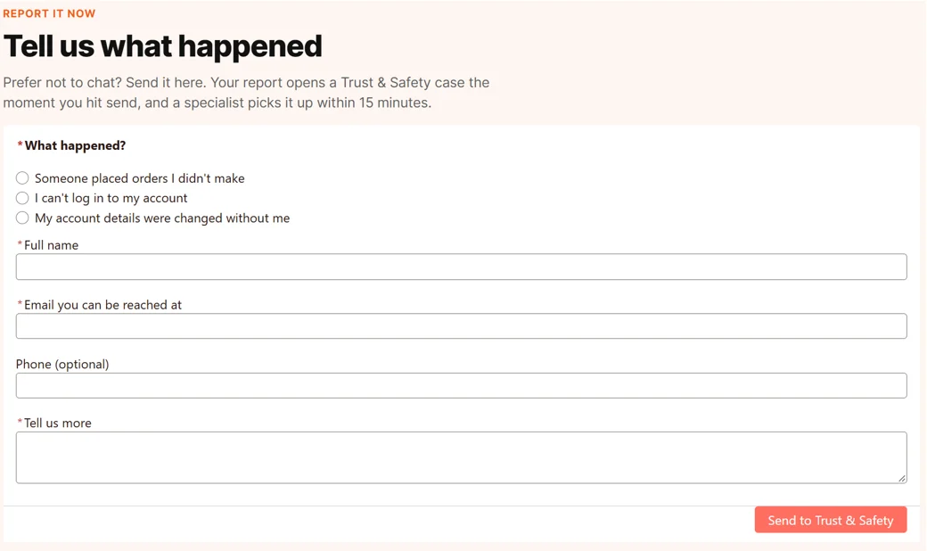 Pronto report form titled Tell us what happened, with options for orders placed without permission, can't log in, and account details changed, plus name, email, phone and details fields.