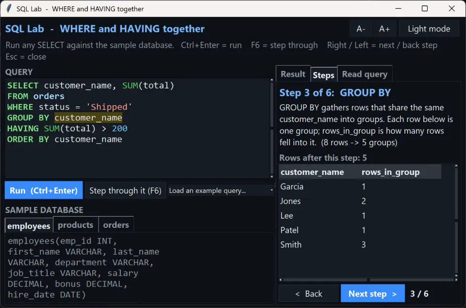 SQL Lab stepping through a GROUP BY query